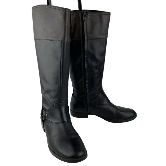 Ralph Lauren Sulita Harness Riding Boots 8 Black Brown Leather Knee High Zip - Picture 1 of 9